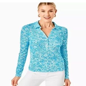 NWT Lilly Pulitzer Reema Polo Top Long Sleeve Resort White Took Me By Sunrise XS